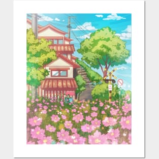 The cute Japanese landscape view with the traditional house, blue sky, and pink flowers. A great aesthetic  gift for those who love nature, Japan, anime and manga style Posters and Art